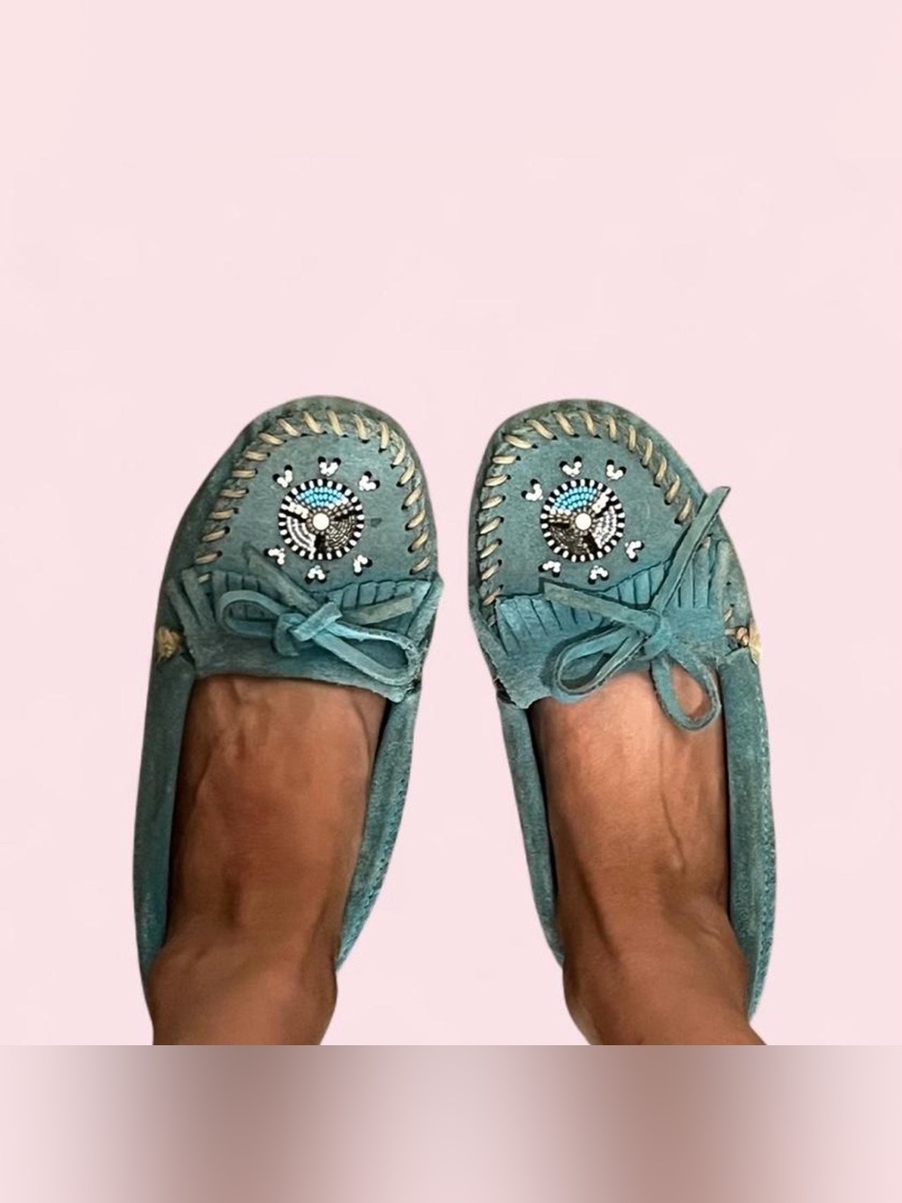 Minnetonka Teal Suede Beaded Moccasins - Women
